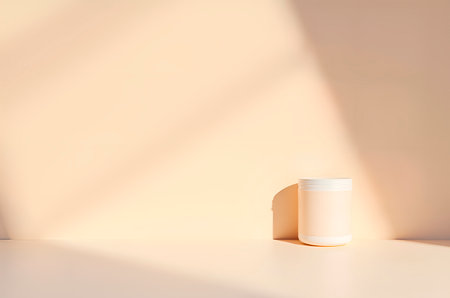Minimalist product shot of a jar on a peach colored surfaceの素材