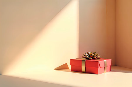 Festive Red Gift Box with Golden Ribbon in Soft Lightの素材