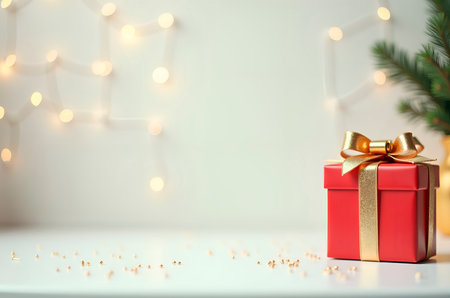 Festive Red Gift Box with Golden Ribbon and Sparkling Fairy Lighの素材