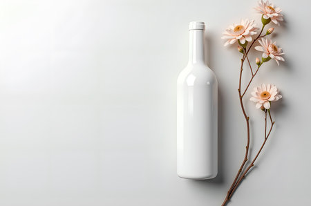 Elegant White Wine Bottle with Delicate Floral Arrangement on Clの素材