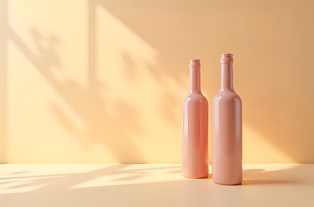 Two Pink Wine Bottles with Soft Shadows on a Minimalist Surfaceの素材