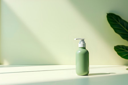 Green Cosmetic Bottle with Pump on White Surface and Natural Ligの素材