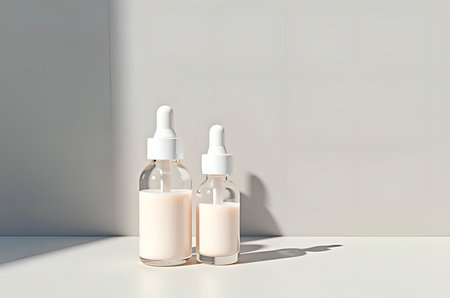 Two Glass Dropper Bottles with Cosmetic Serum on White Surfaceの素材