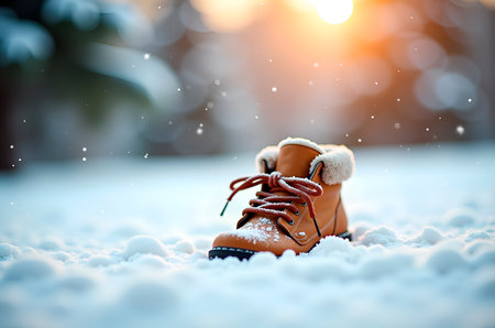 Single Brown Winter Boot Sitting in Fresh Snow During Sunsetの素材