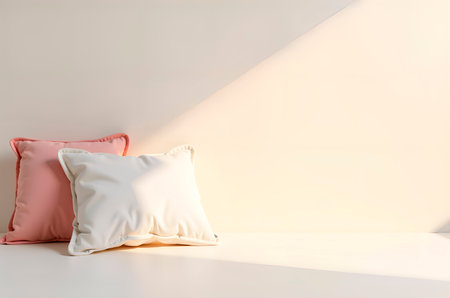 Soft Pink and Cream Throw Pillows on a Minimalist Shelf Interiorの素材