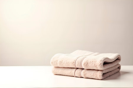 Soft Beige Bath Towels Neatly Stacked on a White Surfaceの素材