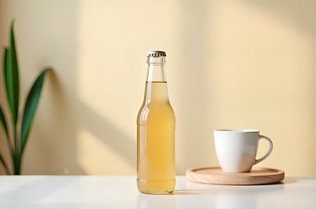 Still life featuring a bottle of sparkling beverage and a whiteの素材