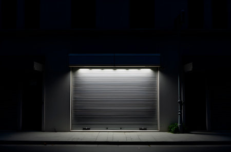Closed storefront with security shutters illuminated by bright oの素材