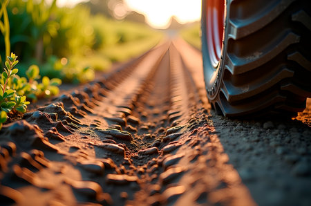 Agricultural Tractor Tire Tracks on a Rural Dirt Road at Sunsetの素材