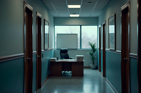 Modern Office Hallway Leading to Executive Workspace with Largeの素材