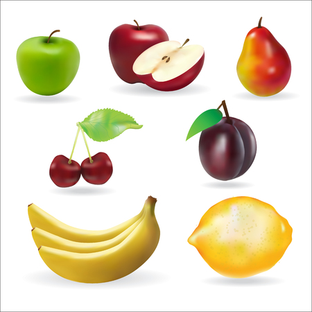 banana apple pear cherry lemon fresh summer fruits set in bright colors on a white backgroundsのイラスト素材
