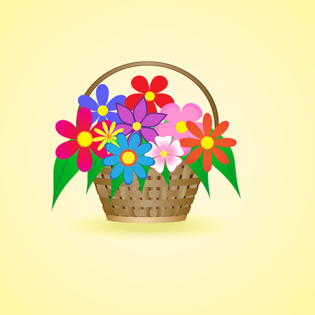 basket with beautiful flowers on a soft warm yellow backgroundのイラスト素材