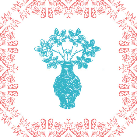 card with frame and vase sketch style on a white backgroundのイラスト素材