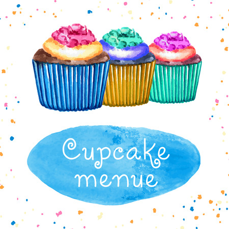 Hand drawn watercolor cupcake with place for text. Vector illustration.のイラスト素材