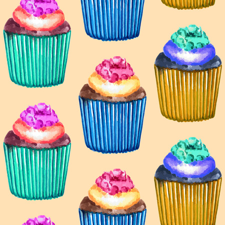 Seamless watercolor pattern with hand drawn cupcakes. Vector illustration.のイラスト素材