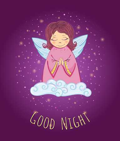 Little Cute Angel in a Cloud. Good Night Card. Vector Illustrationのイラスト素材