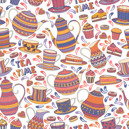 Tea Time Seamless Cartoon Scrapbook Cafe Pattern.のイラスト素材