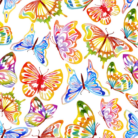 Abstract Seamless Waterclor Butterfly Pattern. Hand Drawn Illustration.のイラスト素材