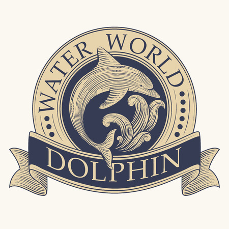 Dolphin and wave vector vintage label design template. Perfect, label, banner or badge decoration.のイラスト素材