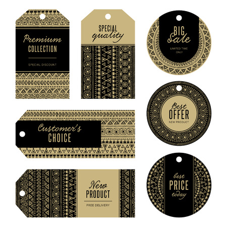 Set of gold and black bohemian label tags. Collection of gift paper tags with gold ethnic tribal pattern. Boho ornamental badge designのイラスト素材