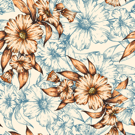 Seamless colorful graphic floral pattern. flower background illustration. Decorative backdrop for fabric, textile, wrapping paper, card, invitation, wallpaper, web design.のイラスト素材
