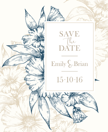 graphic floral card. Floral botanical frame. Wedding invitation, Invitation, Save the date,  RSVP, Reception, Thank you  card template with floral bouquet backgroundのイラスト素材