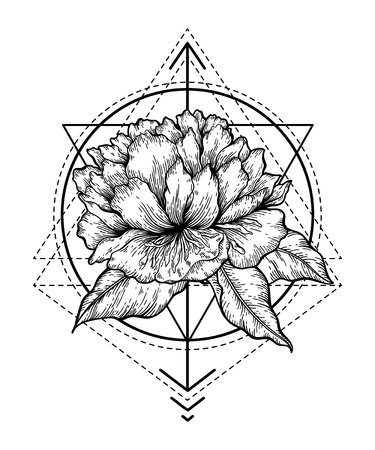 isolated illustration of flower and abstract geometry shapes. Magic symbol design for tattoo, print, t-shirt, poster.のイラスト素材