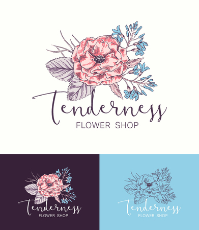 colorful flower and garden template. Floral label, symbol, badge. Elegant  design. illustration.のイラスト素材