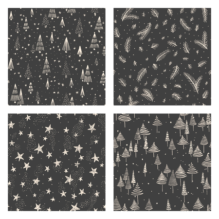 Collection of hand drawn cute seamless patterns. Doodle modern Christmas, Noel, New Year backdrop. Decorative background for fabric, textile, wrapping paper, card, invitation, wallpaper, web designのイラスト素材