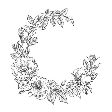 Hand drawn sketch garden floweral wreath. Vector greeting card template. Wedding, Invitation, Save the date,  RSVP, Reception, Thank you, Valentine day card template with floral backgroundのイラスト素材