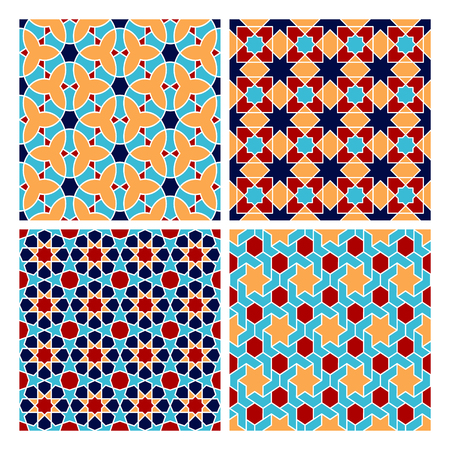 Set of Islamic colorful oriental geometry seamless vector pattern. Muslim east culture background. Decorative backdrop for fabric, textile, wrapping paper, card, invitation, wallpaper, web designの写真素材