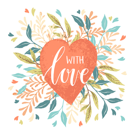 Valentines day vector illustration with heart, flowers, ribbon and text with love. Best for love card, wallpaper, flyers, invitation, posters, brochure bannersのイラスト素材
