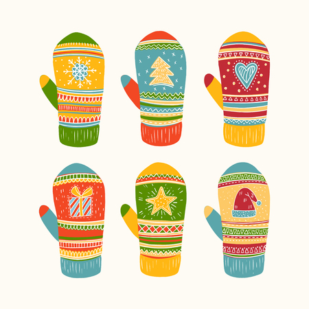 Hand drawn vector collection of Christmas mittensのイラスト素材