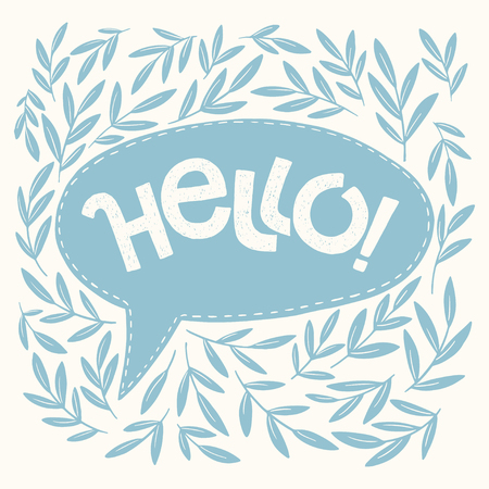 Hand drawn Hello lettering with frame gentle plants. Vector invitation cardのイラスト素材