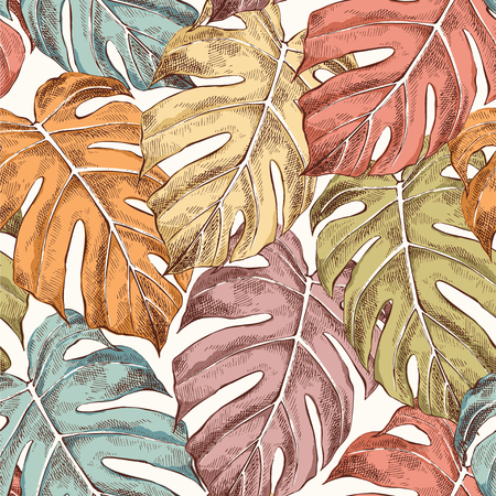 Monstera leaves hand drawn retro seamless patternのイラスト素材