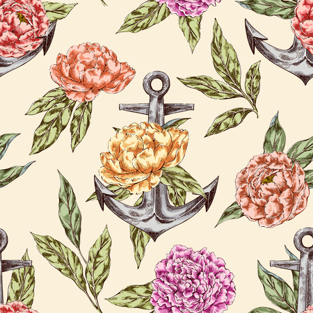 Vector hand drawn seamless pattern with anchor and peones in vintage style. Ink sketch drawing. Decorative backdrop with flowers.のイラスト素材