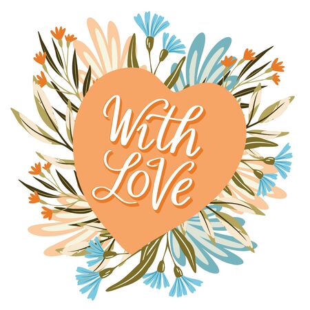Vector hand lettering quote With Love on a flat heart with flowers wreath. Greeting card, label, symbol design for Valentine Day, wedding, invitationのイラスト素材