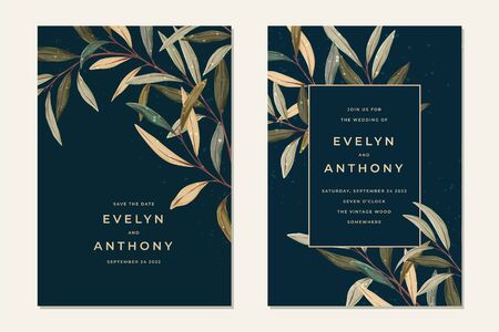 Leaves wedding invitation in vintage style. Rustic vector greenery background. Graphic art in boho style for the invitation, save the date, card template. Modern hand-drawn design.のイラスト素材