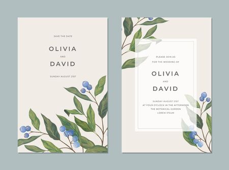 Vintage card with blue berries, green leaves, and a place for text for cover design. Greetings, holiday, wedding vector card template. Poster, card design, brochure, cover template.のイラスト素材