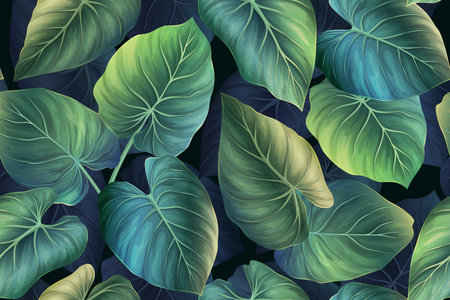 Seamless vector pattern with exotic tropical plants in modern style. Trendy jungle colorful palm background design. Nature textile fashion wallpaper print.の写真素材