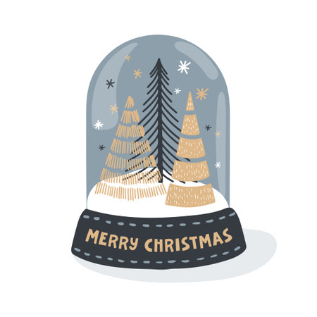 Merry Christmas and Happy New Year Card with Calligraphic and Typographic Wish and Illustration of glass ball with cute Christmas trees and snow on White Background. Greeting hand drawn holidays card.のイラスト素材