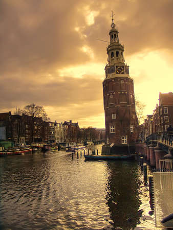 Cityscape of a canal in Amsterdam, Netherlandsの写真素材