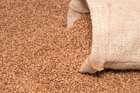 Buckwheat in sack bag scattered buckwheatの写真素材