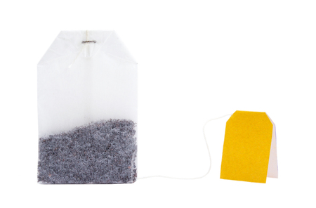 Closeup tea bag isolated on white backgroundの写真素材