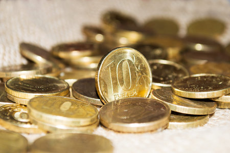 Russian 10 symbol ruble coins closeup concept