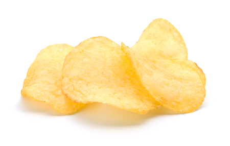 Yellow chips potato isolated on white backgroundの写真素材