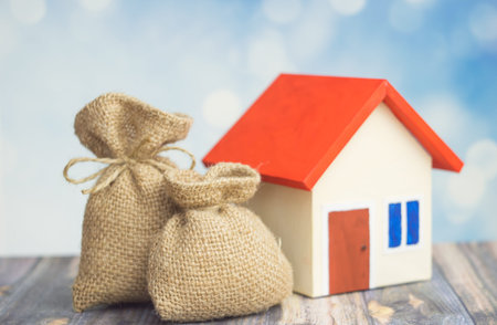 A home with red roof on green background with bag from sack with dollar sign and money inside bag concept of selling or buy homeの写真素材