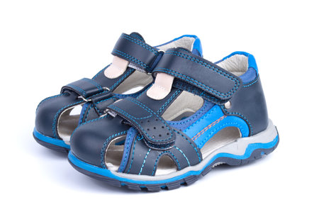 pair of blue baby sandals shoes isolated on white backgroundの写真素材