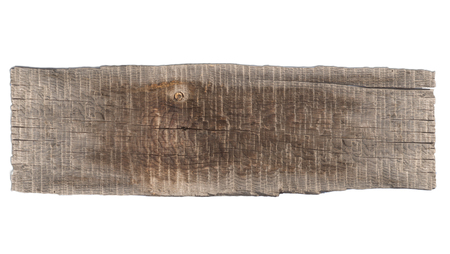 Closeup of empty wooden old board isolated on white backgroundの写真素材