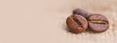 Cloceup of brown roasted coffee beans seeds on burlap textile background black caffeine drink and energy mocha ingredientの写真素材